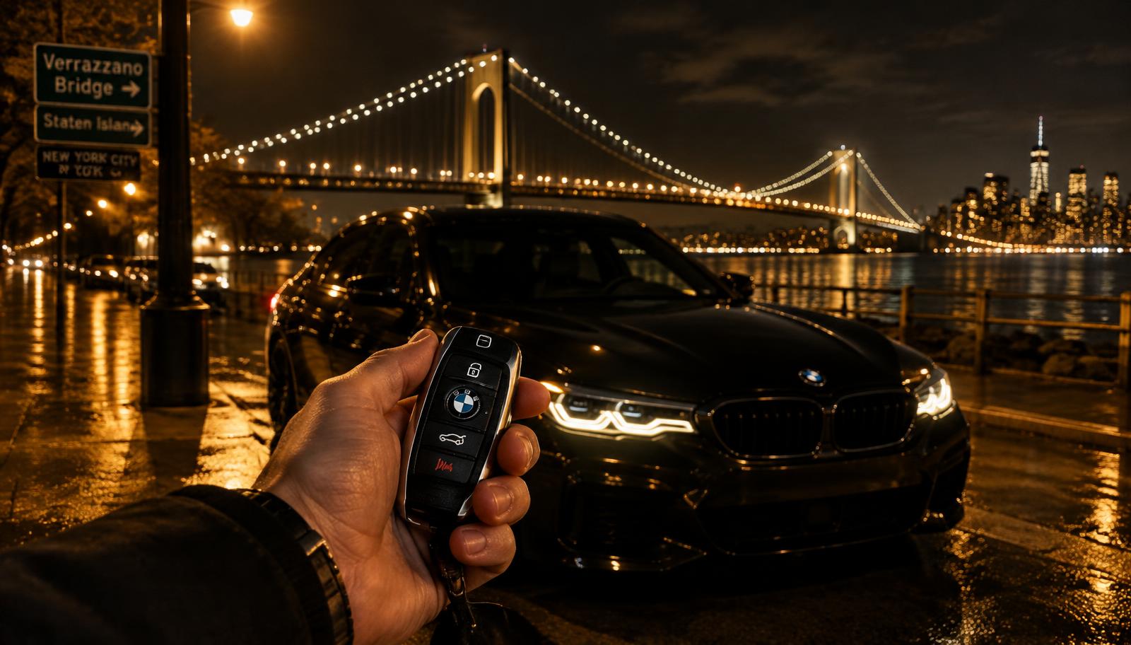 Mobile locksmith with car key fob in NYC at night